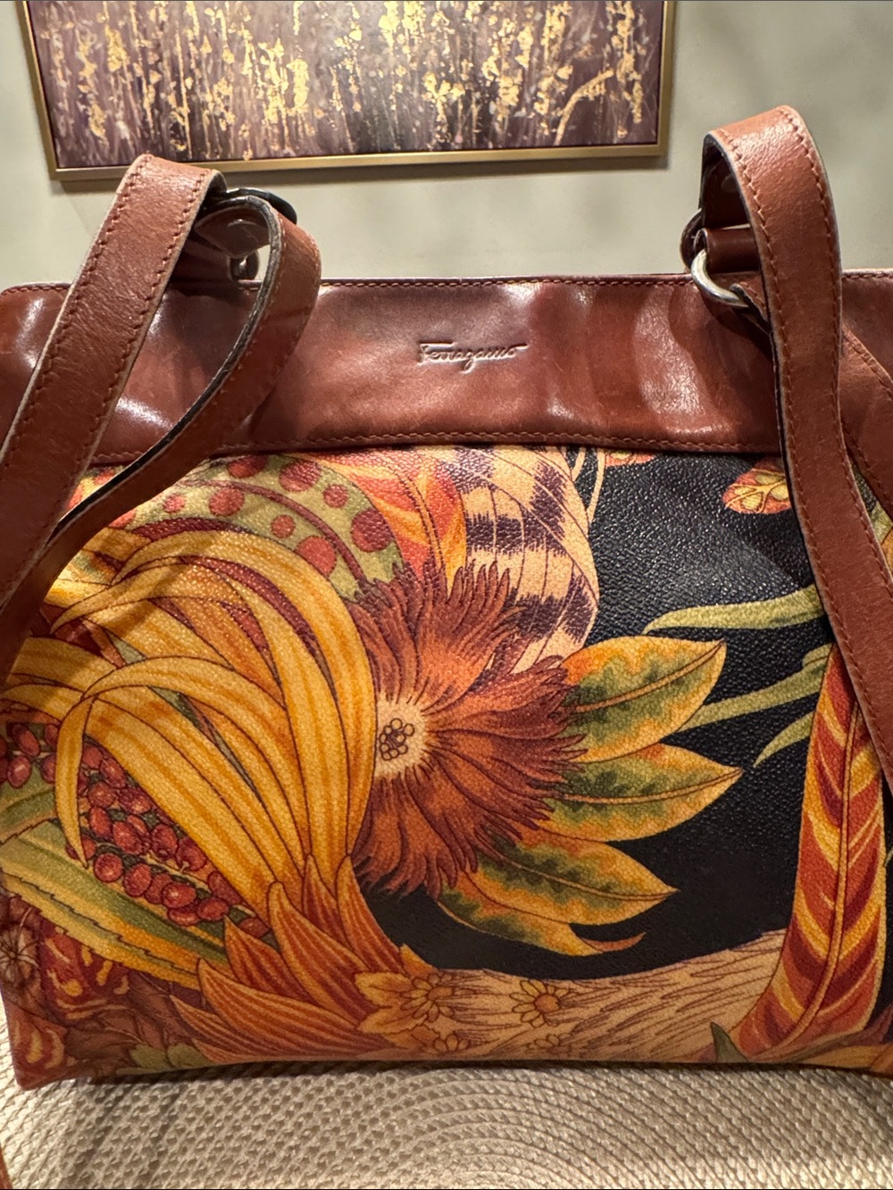 Salvatore Ferragamo Brown Leather & Multicolor Floral Canvas Shoulder Bag - Picture 2 of 14